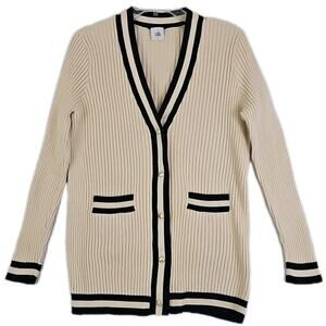 CABI ~Woman Sizr L~ Beige Cardigan Sweater Long Sleeve Slim Ribbed Knit Buttons